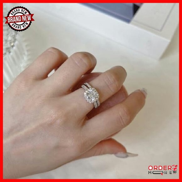 Platinum Plated Silver Moissanite Bridal Set Ring Size 8.5 - Picture 3 of 8